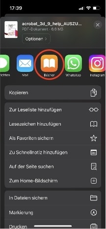 Screenshot zeigt eine PDF im Safari-Browser und die Menüleiste mit dem Symbol für “Bücher”.