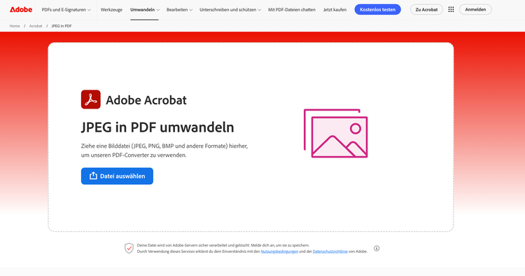 https://www.adobe.com/de/acrobat/online/jpg-to-pdf.html | Upload-Fenster von Adobe Acrobat JPG in PDF-Converter mit blauem „Datei auswählen“ Button und der Konvertierungsprozess mit dem Acrobat Onlinetoll JPG-in-PDF-umwandeln