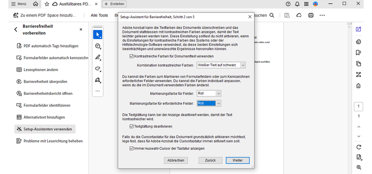 Der geöffnete Setup-Assistent im Tool „Barrierefreiheit vorbereiten” von Acrobat Pro.