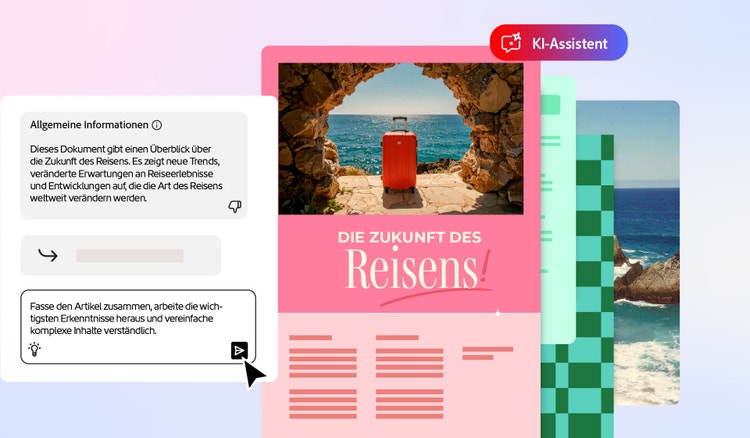 Das Bild zeigt ein Dokument zur Zukunft des Reisens mit Strandfotos und einen Prompt für eine Zusammenfassung des Inhalts mit Hilfe von KI.