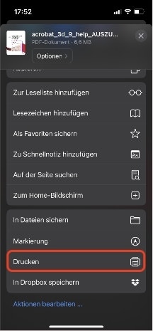 Screenshot zeigt ein Dropdown Menü im Browser mit dem Symbol für “Drucken”.