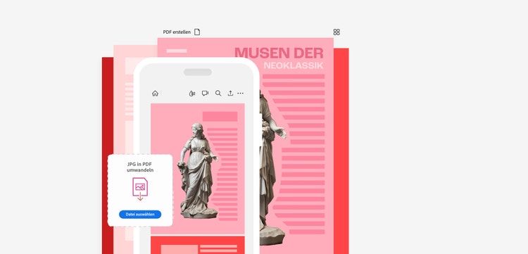 Ein Bild, das eine griechische Statue zeigt, ist auf einem Handy geöffnet, ein Dialogfenster zeigt Optionen zum Umwandeln in PDF an.