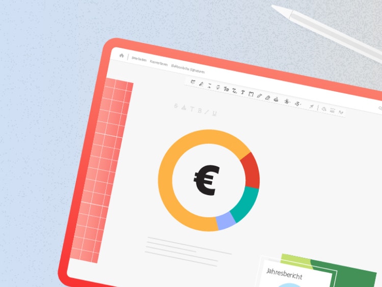 Illustration eines Tablets, auf dem ein Kreisdiagramm die Kostensenkung symbolisiert.