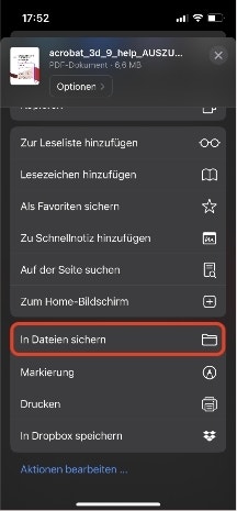 Screenshot zeigt ein Dropdown Menü im Browser mit dem Symbol für “In Dateien sichern”.