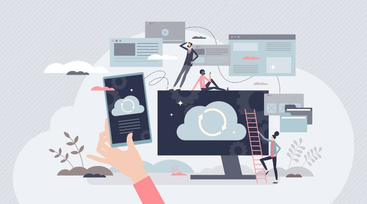 Illustration einer Cloud auf einem Handy- und einem Computerbildschirm.