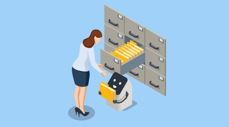 Illustration eines Roboters, der einer Büroangestellten einen Aktenordner reicht.