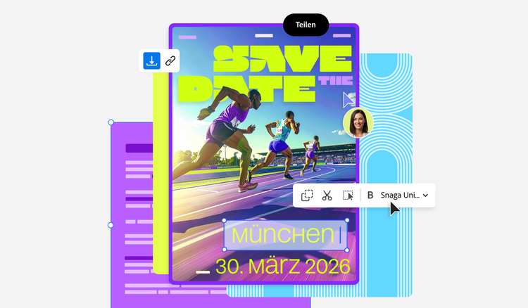 Auf einem Plakat mit dem Titel „Save the Date“ für einen Leichtathletik-Wettkampf werden gerade der Ort und das Datum eingetragen.