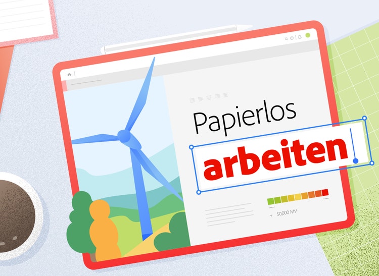 Illustration eines Tablets, auf dem ein PDF gezeigt wird mit der Aufschrift “Papierlos arbeiten”