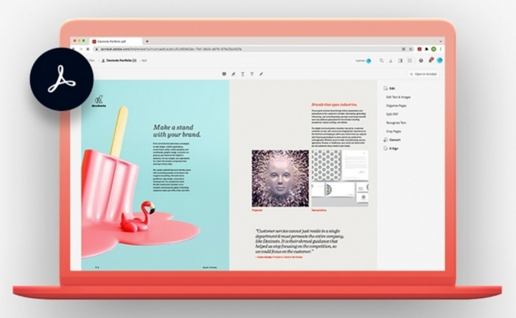 Mockup eines Laptops mit geöffneter PDF-Datei und dem darüber liegenden Acrobat-Symbol