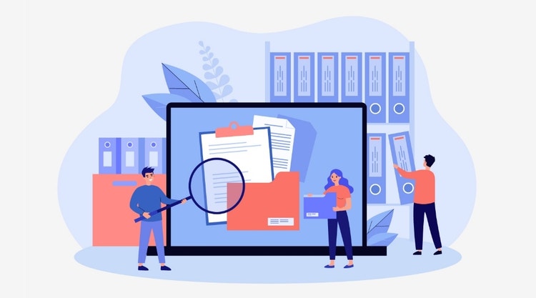 Illustration eines digitalen Archivs, in dem verschiedene Dokumente ordentlich abgelegt und für alle Mitarbeitenden gut zu finden sind.
