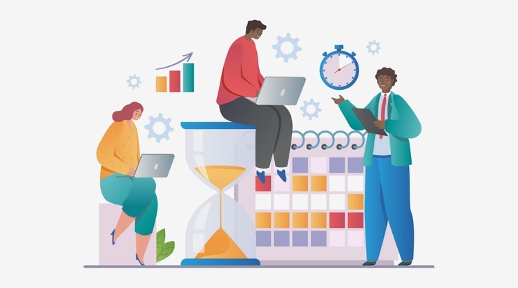 Illustration eines Teams im Büro, das dank Workflow Management effizient zusammenarbeitet.