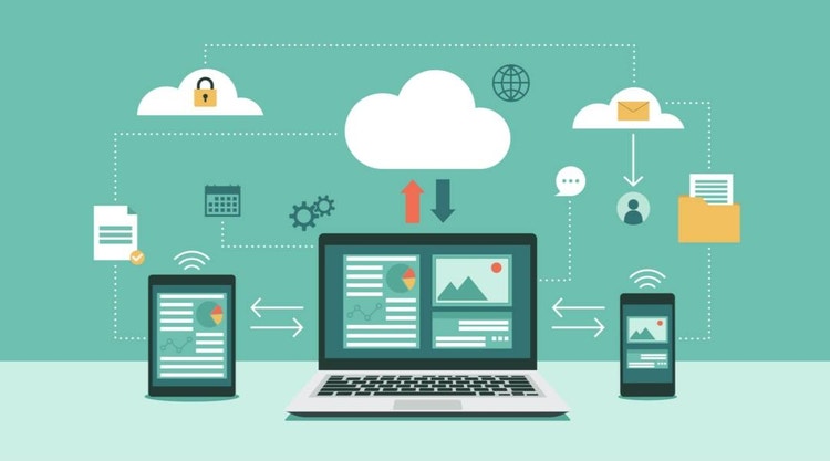 Illustration eines Cloud-DMS, mit dem verschiedene Dokumente auf Computern, Tablets und Smartphones verwaltet werden.