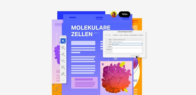 Beispiel-PDF mit dem Titel Molekulare Zellen, im Vordergrund ein Bearbeitungsfenster mit Metadaten zum Bearbeiten.