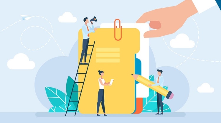 Illustration mehrerer Büroangestellter, die gemeinsam an einer digitalen Akte arbeiten.