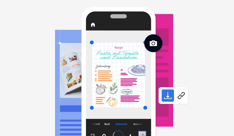 Grafische Darstellung von einem Handy mit einem digitalisierten Rezept für Pasta mit Tomate und Basilikum.