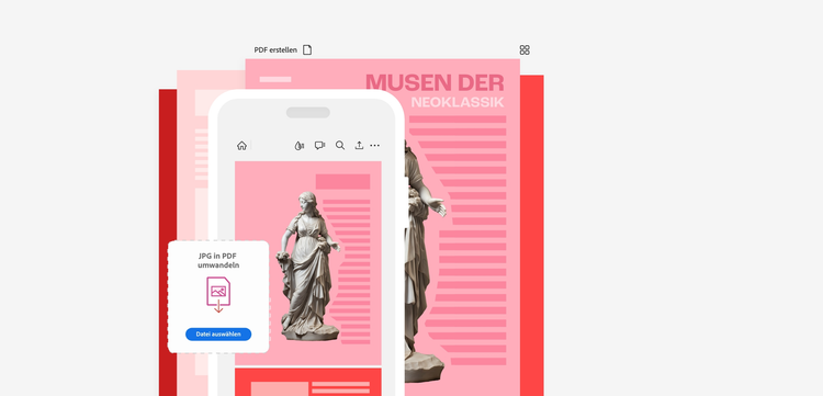 Der Screenshot zeigt ein geöffnetes PDF mit dem Titel „Musen der Neoklassik“, das auf einem Smartphone dargestellt wird. Im Vordergrund befindet sich ein Fenster mit der Option „JPG in PDF umwandeln“, inklusive einer Schaltfläche „Datei auswählen“. Das Bild zeigt eine Statue als zentrales Motiv. Dieses Bild wird im Zusammenhang mit dem Thema „Bild zu Text umwandeln mit Hilfe von OCR“ verwendet und demonstriert, wie ein Bild in ein PDF umgewandelt und weiter bearbeitet werden kann.
