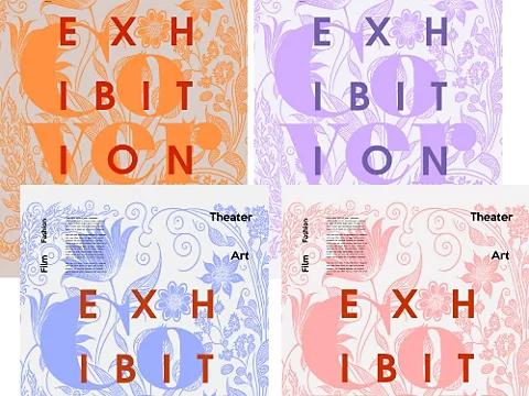 Ein mit Firefly generierter Flyer für eine Ausstellung in den 4 Farben orange, violett, blau und pink