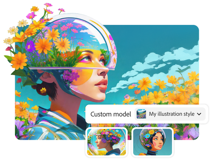Dieselbe Illustration wie am Seitenanfang: eine Frau mit bunten Blumen auf dem Kopf und einem durchsichtigen Helm. Darunter befindet sich ein Auswahlmenü mit dem Pfad „Eigenes Modell > Mein Illustrationsstil“. Unterhalb davon sind zwei weitere Illustrationen von Frauen mit Blumenhelmen zu sehen, die beide in einem ähnlichen Stil gehalten sind.