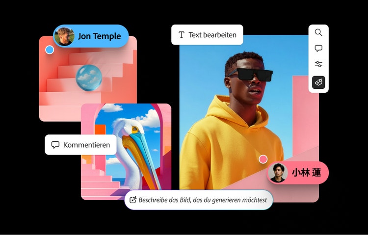 Online-Oberfläche zur Moodboard-Erstellung mit kreativ gestalteten Bildkacheln mit abstrakter Kunst und Modefotografie sowie Bearbeitungs-Tools für visuelles Storytelling