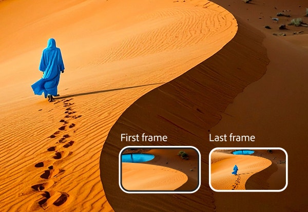 KI-generiertes Videokonzept zeigt eine Person in Blau, die über orangefarbene Wüstendünen zu einem blauen Wasserbecken wandert&nbsp;– mit Darstellung des ersten und letzten Frames