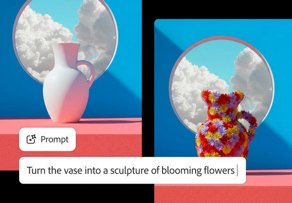 KI-gestützte Bildbearbeitung macht aus einer schlichten, weißen Vase eine farbenfrohe Blütenskulptur vor strahlend blauem Himmel.