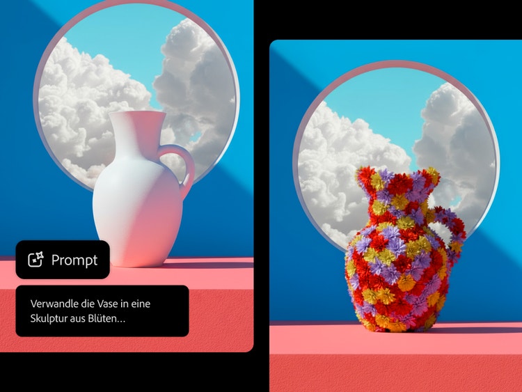 Beispiel für KI-gestützte Bildbearbeitung, in dem eine einfache weiße Vase in eine Skulptur aus bunten Blüten verwandelt wird. Der dafür verwendete Prompt lautete: „Verwandle die Vase in eine Skulptur aus Blüten.“ Im Bildhintergrund sind Wolken und blauer Himmel zu sehen.