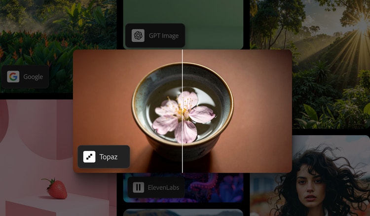 Collage mit einem Vorher-Nachher-Bild einer Kirschblüte in einer Schale. Die rechte Seite des Bildes ist dank des Topaz Astra Video-Upscalers deutlich schärfer.