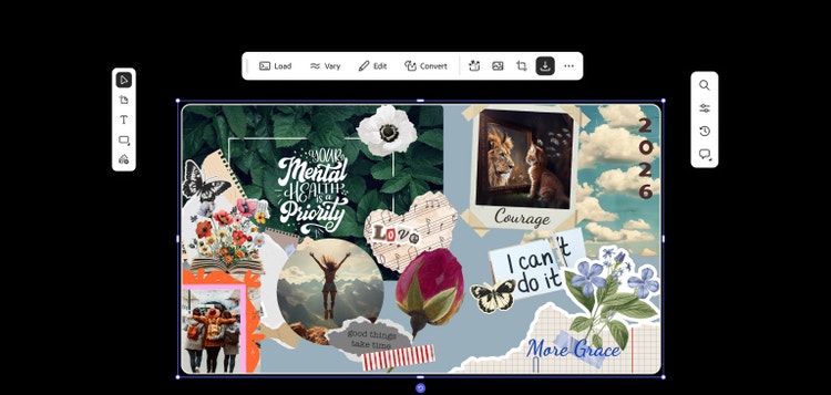 Ein Visionboard mit inspirierenden Zitaten, Schmetterlingen, Blumen, sich umarmenden Freundinnen, einer Katze, die im Spiegel einen Löwen sieht, und einer Person, die triumphierend in die Luft springt.