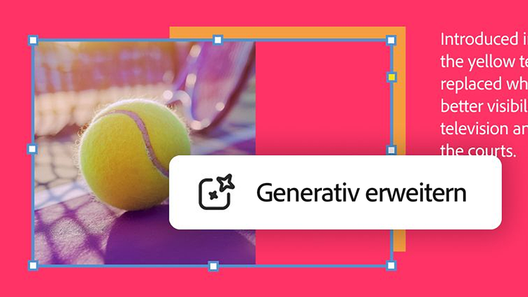 Farbenfrohes Bild eines Tennisballs, das mit der Funktion „Generatives Erweitern“ vergrößert wird