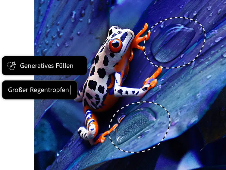 Ein Frosch auf einem Blatt, mit den Worten „Generative Fill“ kunstvoll in die Szene integriert.