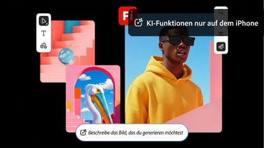KI-generierte Bilder von einem Storch, einem Mann in gelbem Hoodie und abstrakten Formen mit Overlays des Firefly-Logos und der Prompt-Leiste. KI-Funktionen nur auf dem iPhone verfügbar