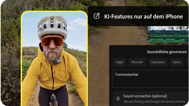 Ein Radfahrer in gelber Jacke neben UI-Aufnahmen des Features „Soundeffekte generieren“. KI-Funktionen nur auf dem iPhone verfügbar