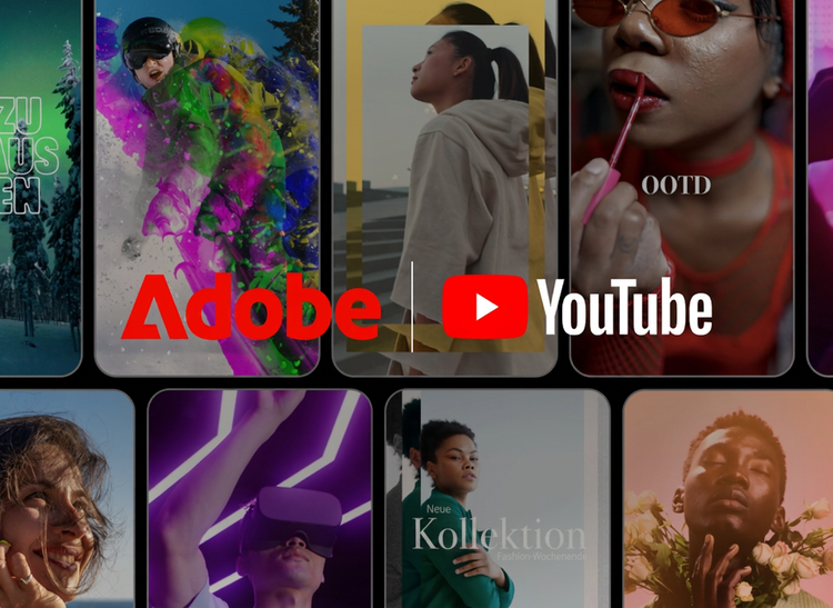 Szenen aus YouTube Shorts&nbsp;– eine Frau mit rot getönter Brille, ein Snowboarder, eine Frau mit Virtual-Reality-Headset und ein Mann mit Blumen&nbsp;– mit eingeblendeten Adobe- und YouTube-Logos.