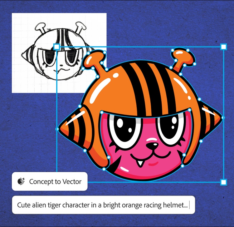 Ein Werbebild für das Feature „Konzept zu Vektor“ von Adobe, das eine grobe Bleistiftskizze zeigt, die zu einer ausgefeilten vektorbasierten Illustration eines niedlichen, comicartigen Alien-Tigers mit rosa Gesicht und orangefarbenem Rennhelm mit Tigerstreifen wird.