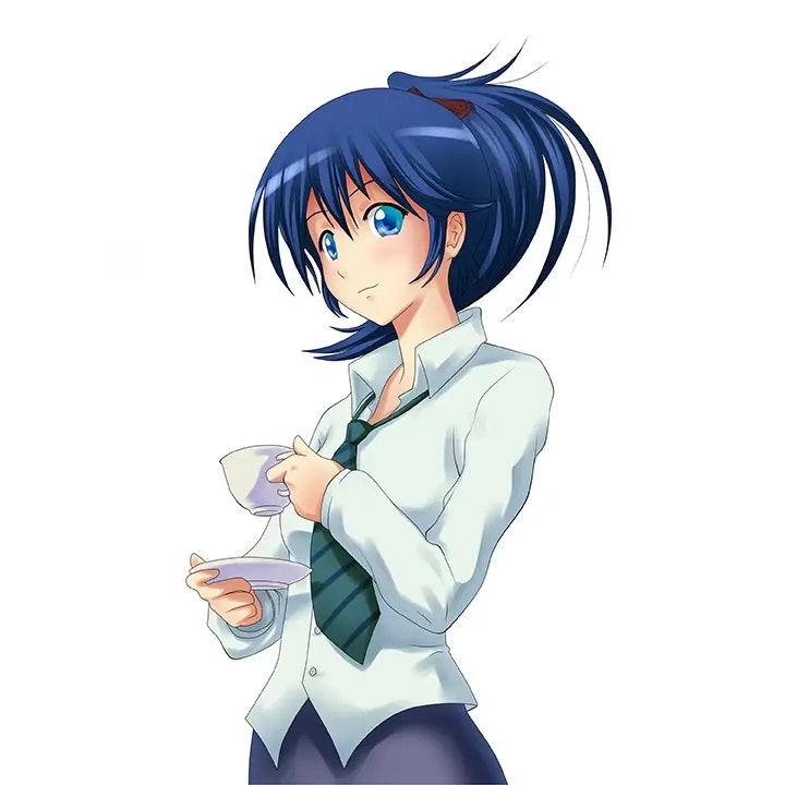 Anime-Figur mit blauen Haaren und blauen Augen, trägt eine Schuluniform mit Krawatte und hält eine Teetasse und Untertasse in den Händen. Sie hat einen nachdenklichen Gesichtsausdruck.