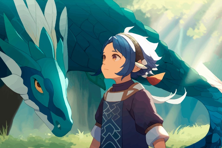 Das Bild zeigt eine stilisierte, animierte Szene mit einem Jungen und einem großen, blauen Drachen. Der Junge hat blaue Haare, trägt ein Stirnband mit weißen Federn und ein dunkles Oberteil mit geometrischen Mustern. Er schaut nach oben, während der Drache sich in einer schützenden Position hinter ihm befindet. Der Drache hat große orangefarbene Augen und ist in Blautönen gehalten, mit auffälligen weißen Details auf dem Kopf. Im Hintergrund ist eine Waldszene mit weichem Licht zu sehen, das durch die Bäume fällt.