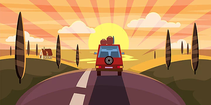 Graphic of a car on the road driving into the sunset.