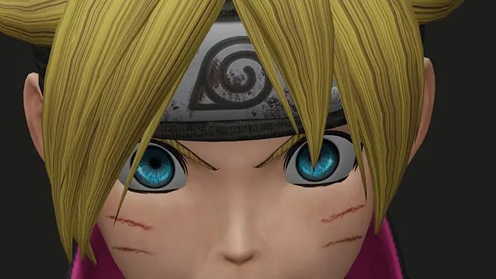 Nahaufnahme eines Anime-Charakters mit blonden Haaren, blauen Augen und einem Stirnband mit einem Symbol. Der Charakter zeigt einen entschlossenen Gesichtsausdruck, auf der Wange sind Markierungen zu sehen.