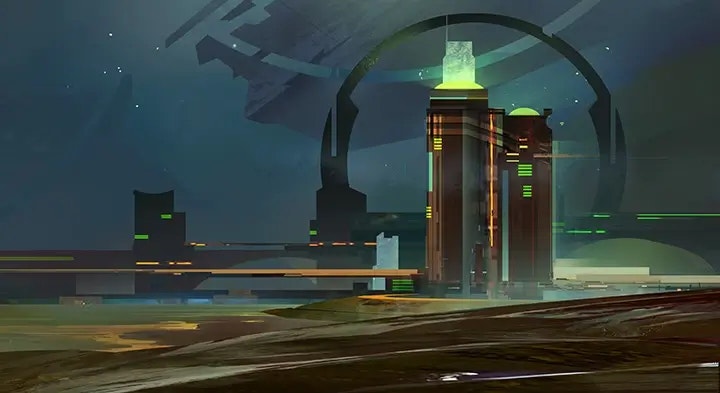 Futuristische Landschaft mit einem hohen, beleuchteten Turm und modernen Strukturen im Vordergrund, umgeben von einem dunklen Himmel. Im Hintergrund ist eine große, halbkreisförmige Struktur sichtbar.