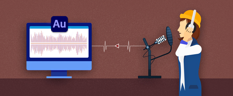 Ein Mann mit Mikrofon, der einen Podcast mit Audition aufnimmt.
