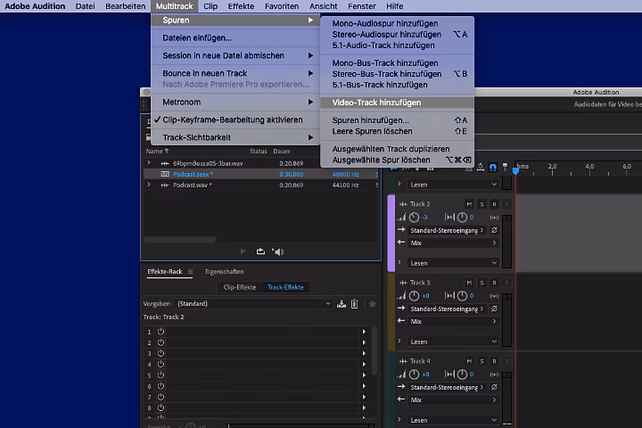 Ein Screenshot des Video-Programms Adobe Premiere Pro, in dem ein Video-Podcast bearbeitet wird.