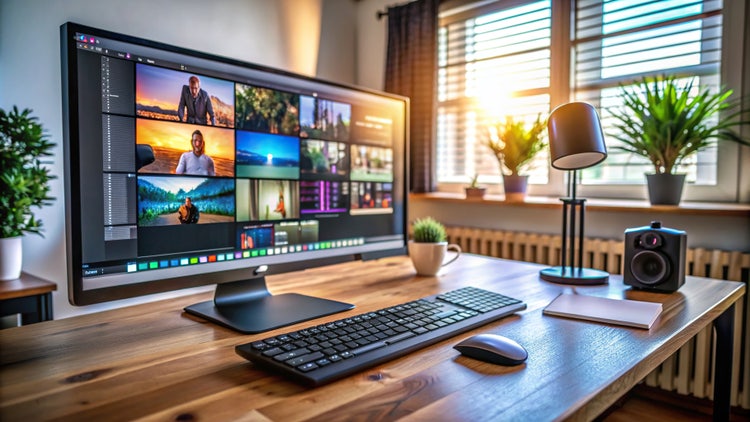 Videoschnittprogramm ist auf einem iMac mit zwei Monitoren geöffnet.