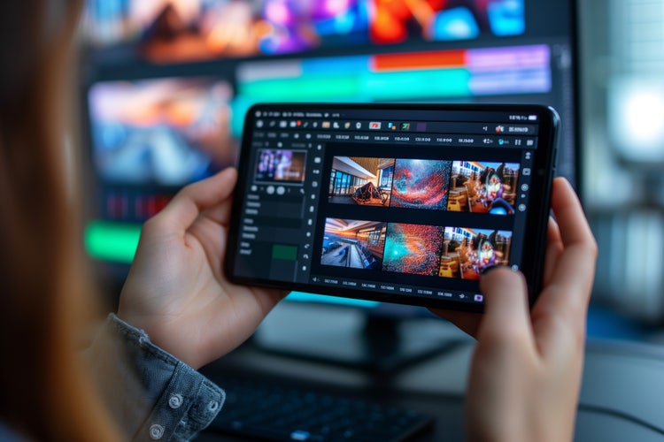 Jemand bearbeitet mit einer Videobearbeitungs-App ein Video auf seinem Smartphone.