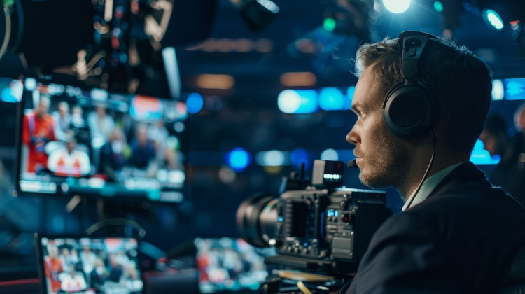 Ein Kameramann überträgt live eine Nachrichtensendung und beobachtet es über Monitore.