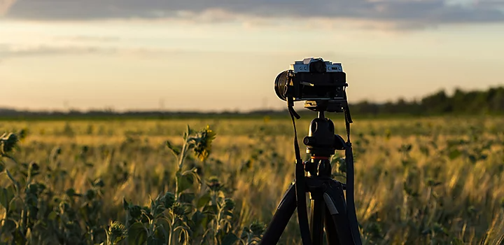 Foto einer Kamera auf einem Stativ auf einem Feld