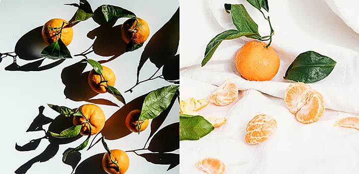 Zwei Fotos von mehreren Orangen, eines mit diffuser Beleuchtung und ein anderes ohne diffuse Beleuchtung aufgenommen