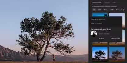In Lightroom geöffnetes Foto von einem Baum mit niedrigen Bergen und blauem Himmel im Hintergrund