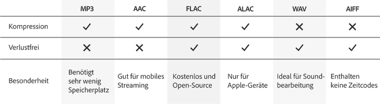 Übersicht der verschiedenen Audioformat-Typen und deren Besonderheiten.