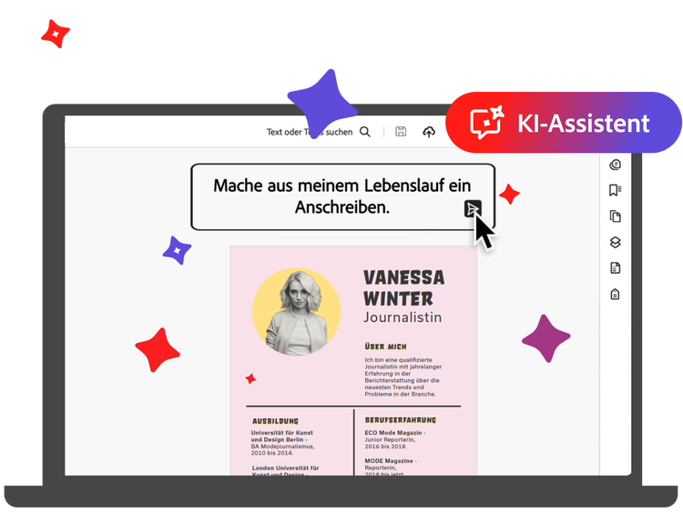 Bild zeigt einen Laptop-Bildschirm, auf dem Adobe Acrobat geöffnet ist. Per Prompt wird der KI-Funktion "KI-Assistent" ein Befehl erteilt und dieser verarbeitet., Picture