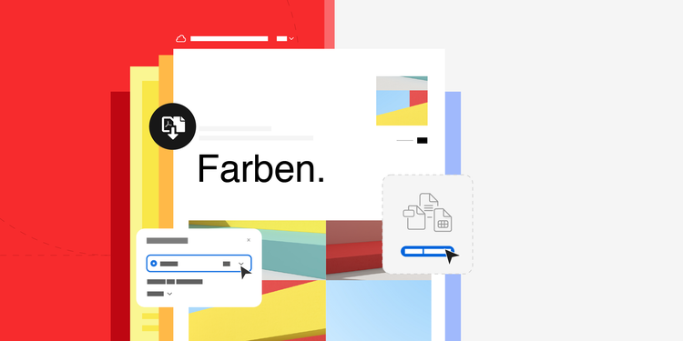 Farbenfrohes Layout mit dem Wort „Farben." und geometrischen Formen – Illustration zur Konvertierung von OpenOffice-Dokumenten in PDF.